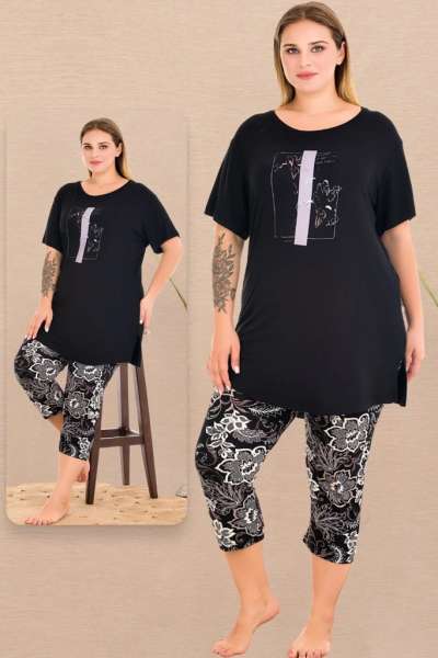 Büyük Beden Çiçek Desenli Bisiklet Yaka Kısa Kollu Kapri Pijama Takımı