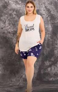 Lady - Lacivert Büyük Beden Desenli Kolsuz Şort Takım (1)