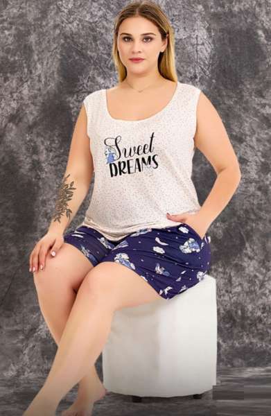 Lacivert Büyük Beden Desenli Kolsuz Şort Takım