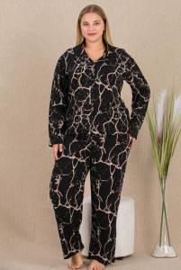 Lady - Büyük Beden Dokuma Kumaş Önden Düğmeli Pijama Takımı