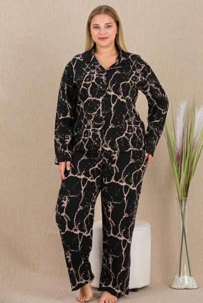 Büyük Beden Dokuma Kumaş Önden Düğmeli Pijama Takımı
