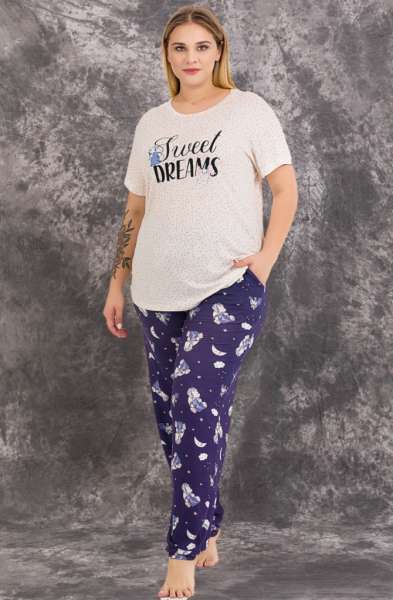 Büyük Beden Gece Desenli Kısa Kollu Pijama Takımı