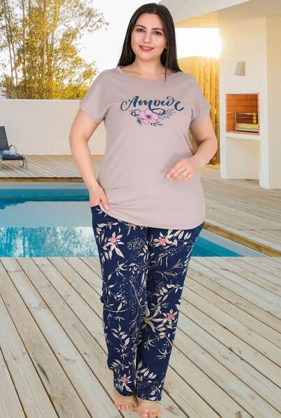 Büyük Beden Kadın Lacivert Çiçekli Cepli Pijama Takımı