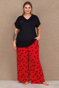 Büyük Beden Kalp Desenli Viskon Pamuklu Kısa Kollu Pijama Takımı - Thumbnail