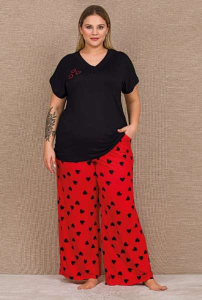 Lady - Büyük Beden Kalp Desenli Viskon Pamuklu Kısa Kollu Pijama Takımı (1)