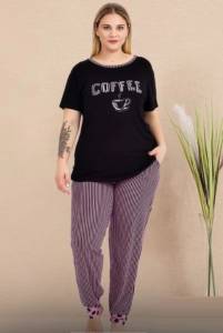 Büyük Beden Kısa Kollu Çizgili Pijama Takımı - Thumbnail