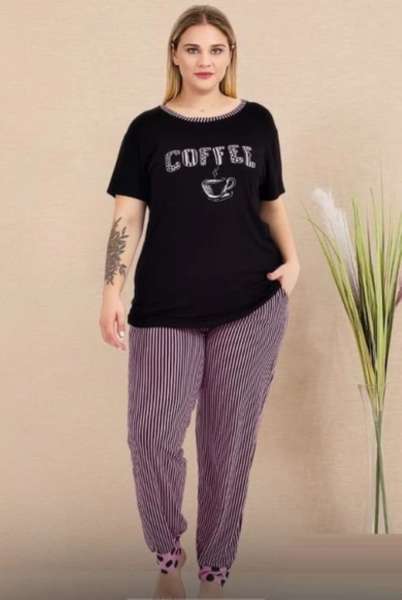 Büyük Beden Kısa Kollu Çizgili Pijama Takımı