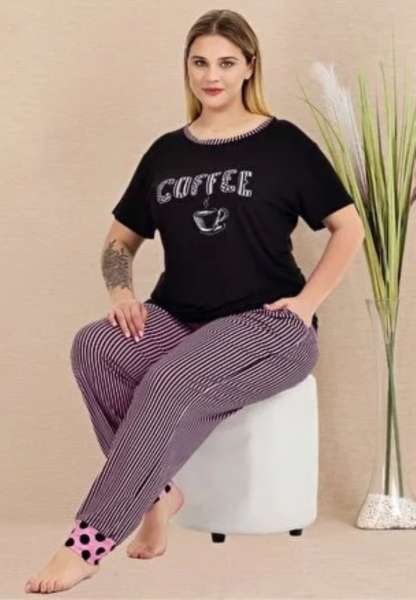 Büyük Beden Kısa Kollu Çizgili Pijama Takımı