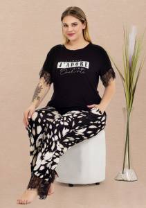Lady - Büyük Beden Kısa Kollu Desenli Pijama Takımı