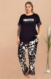 Lady - Büyük Beden Kısa Kollu Desenli Pijama Takımı (1)