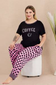 Lady - Büyük Beden Kısa Kollu Puantiyeli Pijama Takımı (1)