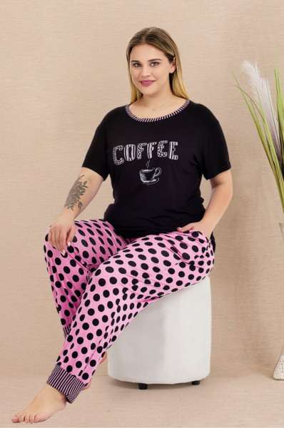 Büyük Beden Kısa Kollu Puantiyeli Pijama Takımı