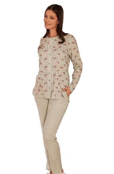 Büyük Beden Uzun Kollu Önden Düğmeli Pijama Takım