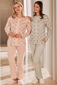 Büyük Beden Uzun Kollu Önden Düğmeli Pijama Takım - Thumbnail