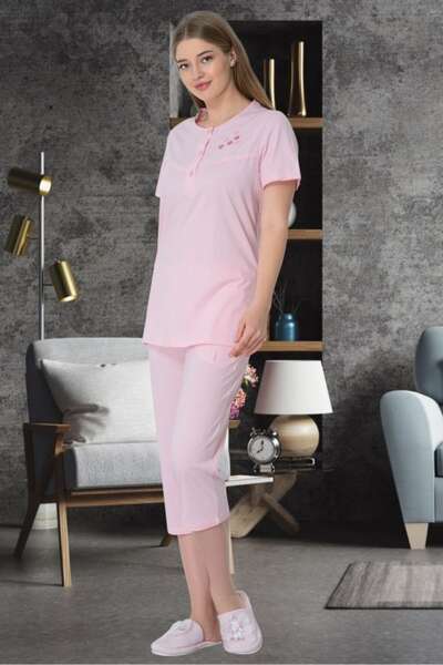 Büyük Beden Pamuklu Düğmeli Kadın Kapri Pijama Takımı