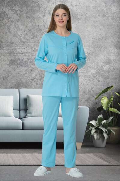 Mecit Pijama - Büyük Beden Pamuklu Önden Düğmeli Kadın Pijama Takımı (1)