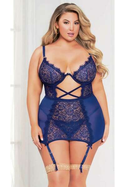 Büyük Beden Seksi Dantelli Fantazi Jartiyerli Babydoll Takım