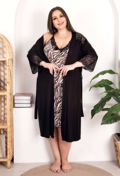 Büyük Beden Siyah Zebra Desen Dantelli Sabahlıklı Gecelik Takım