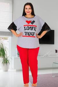 Büyük Beden Spor Dantelli Kadın Pijama Takım - Thumbnail