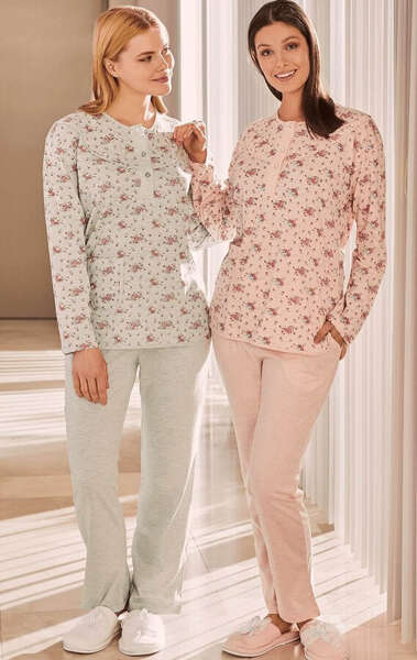 Büyük Beden Uzun Kollu Yakası Düğmeli Pijama Takım