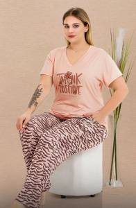 Lady - Büyük Beden V Yaka Kısa Kollu Pijama Takımı