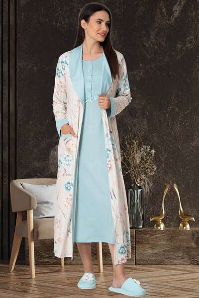 Çiçek Desen Sabahlıklı Gecelik Takım