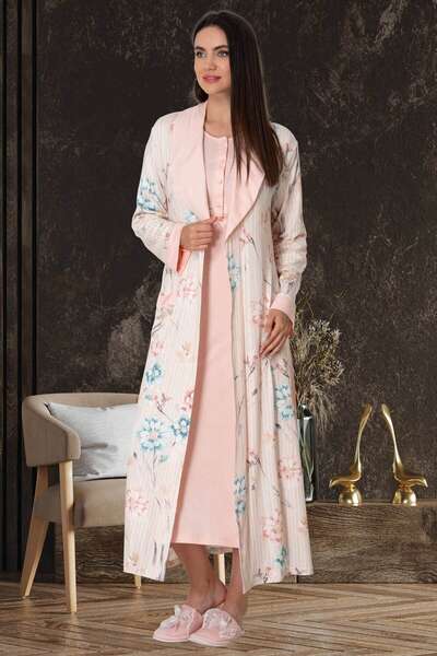Çiçek Desen Sabahlıklı Gecelik Takım