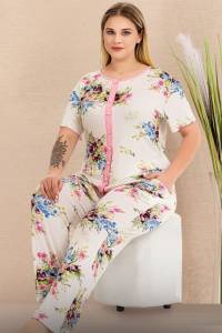 Lady - Çiçek Desenli Büyük Beden Önden Düğmeli Kısa Kollu Pijama Takımı