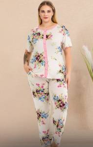 Lady - Çiçek Desenli Büyük Beden Önden Düğmeli Kısa Kollu Pijama Takımı (1)