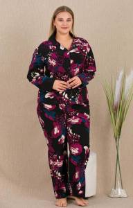Lady - Çiçek Desenli Büyük Beden Önden Düğmeli Uzun Kollu Pijama Takımı (1)