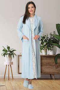 Çiçek Desenli Büyük Beden Sabahlıklı Gecelik Takımı - Thumbnail