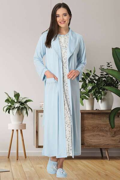 Çiçek Desenli Büyük Beden Sabahlıklı Gecelik Takımı