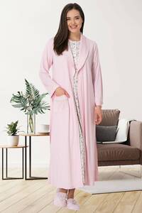 Çiçek Desenli Büyük Beden Sabahlıklı Gecelik Takımı - Thumbnail