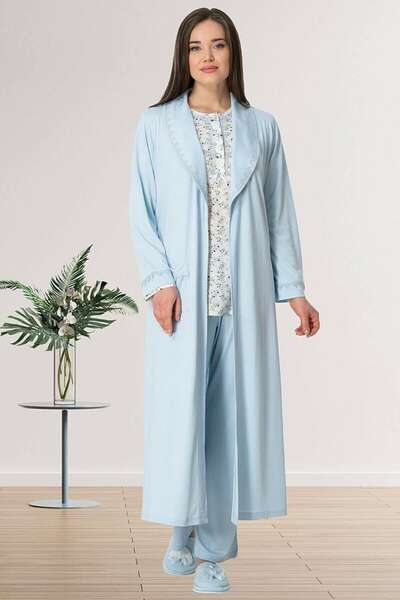 Çiçek Desenli Büyük Beden Sabahlıklı Pijama Takımı