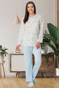 Çiçek Desenli Büyük Beden Sabahlıklı Pijama Takımı - Thumbnail