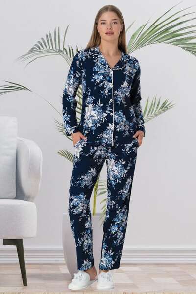 Çiçek Desenli Lacivert Boydan Düğmeli Kadın Pijama Takımı