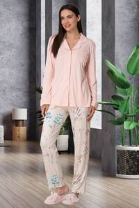 Çiçek Desenli Önden Düğmeli Modal Pijama Takımı - Thumbnail