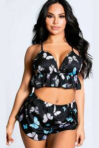 Çiçek Desenli Saten Alt Üst Şort Takım - Thumbnail