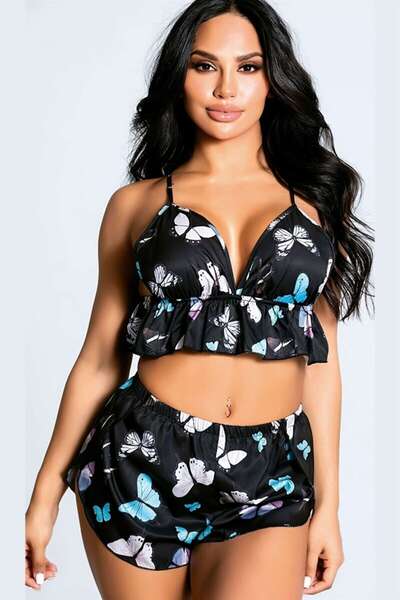 Çiçek Desenli Saten Alt Üst Şort Takım