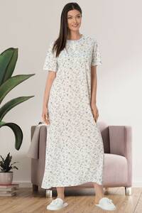 Çiçekli Büyük Beden Kısa Kollu Gecelik - Thumbnail