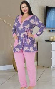 Lady - Çiçekli Kruvaze Büyük Beden Pijama Takım