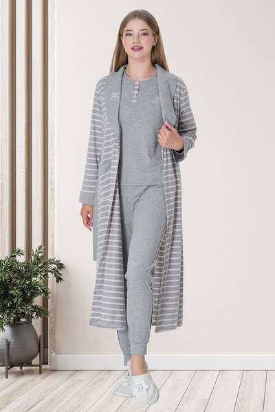 Çizgili Gri Kadın Sabahlıklı Pijama Takımı
