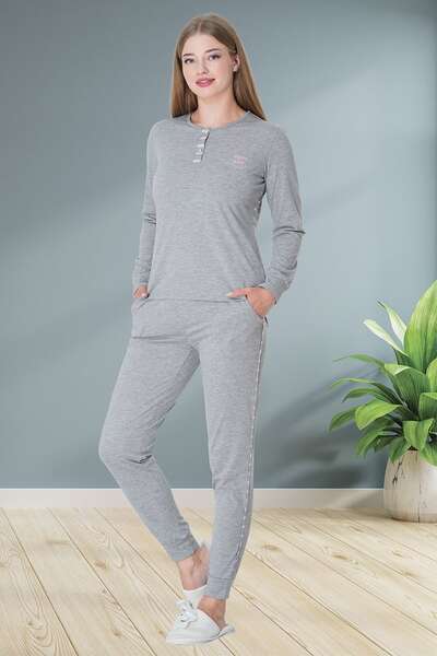 Çizgili Gri Kadın Sabahlıklı Pijama Takımı