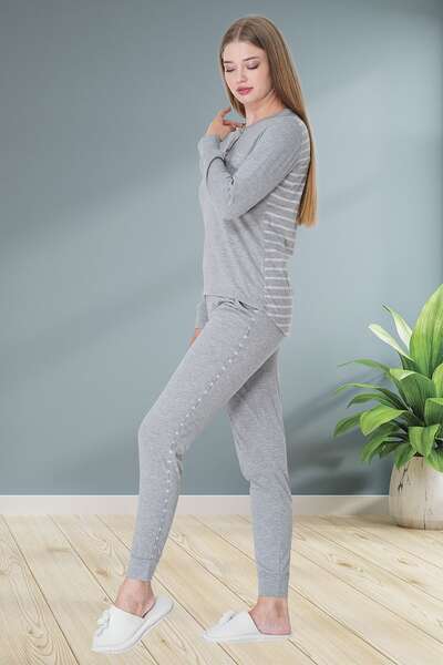 Mecit Pijama - Çizgili Gri Kadın Spor Pijama Takımı (1)
