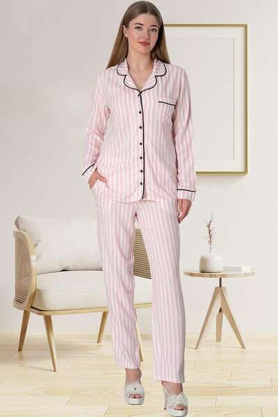 Çizgili Önden Düğmeli Poplin Kadın Pijama Takım