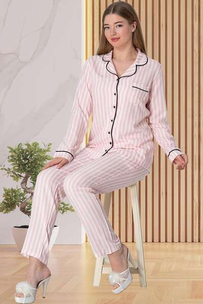 Mecit Pijama - Çizgili Önden Düğmeli Poplin Kadın Pijama Takım (1)