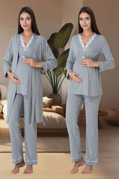 Dantel Detaylı Sabahlıklı Hamile Lohusa Pijama Takımı