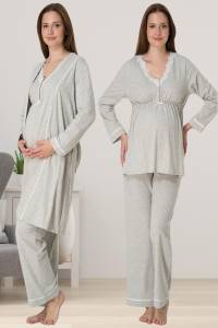 Effortt - Gri Dantel Detaylı Sabahlıklı Hamile Lohusa Pijama Takımı