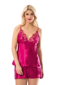 Sistina - Dantelli Fuşya Saten Atlet ve Şort Takım