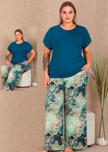 Lady - Desenli Bol Paçalı Kısa Kollu Bisiklet Yakalı Viskon Kumaş Büyük Beden Pijama Takımı